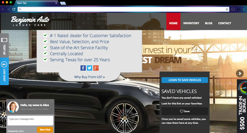 Example of Dealership Homepage "Attacking" Visitors